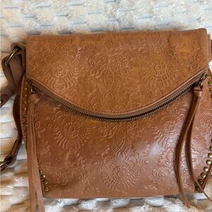 The Sak Silverlake Tan Brown Embossed Leather Crossbody Flap Brass Studs